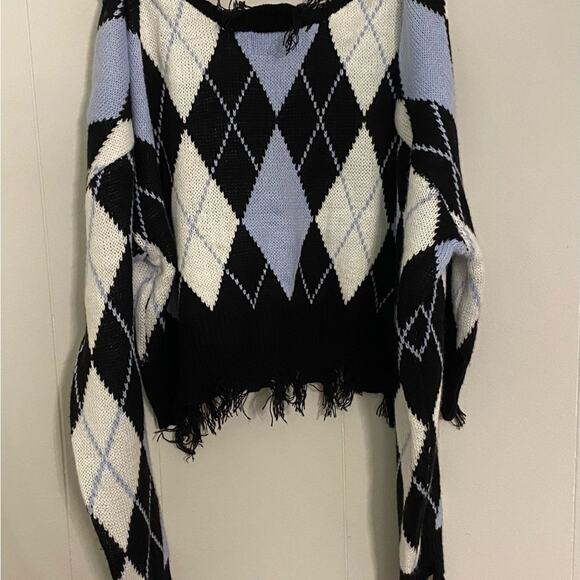 Just Polly Cropped Argyle Sweater Distressed Frayed Dark Academia Grunge Medium‎ - Picture 5 of 5